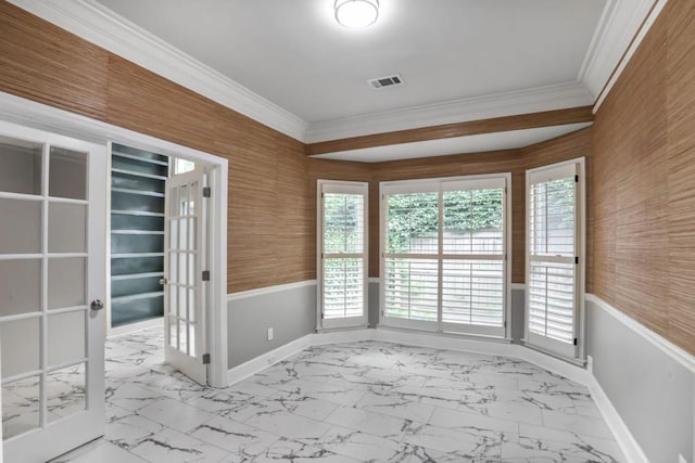 2983 Crosswycke Forest Dr, Brookhaven, GA 30319 - empty room with ornamental molding, wainscoting, marble finish flooring, baseboards, and french doors