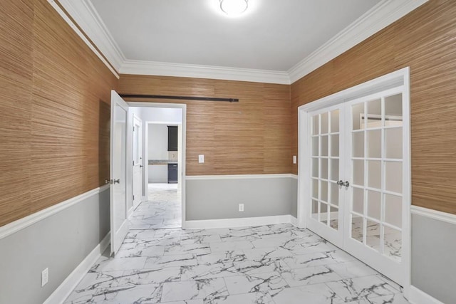 2983 Crosswycke Forest Dr, Brookhaven, GA 30319 - empty room with french doors, wood walls, marble finish floors, baseboards, and crown molding