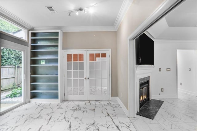 2983 Crosswycke Forest Dr, Brookhaven, GA 30319 - entryway with marble finish floors, baseboards, french doors, a fireplace, and crown molding