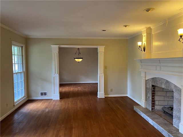 3794 W Hayward Ct, Tucker, GA 30084 - unfurnished living room with dark wood-style floors, a fireplace with raised hearth, baseboards, and ornamental molding