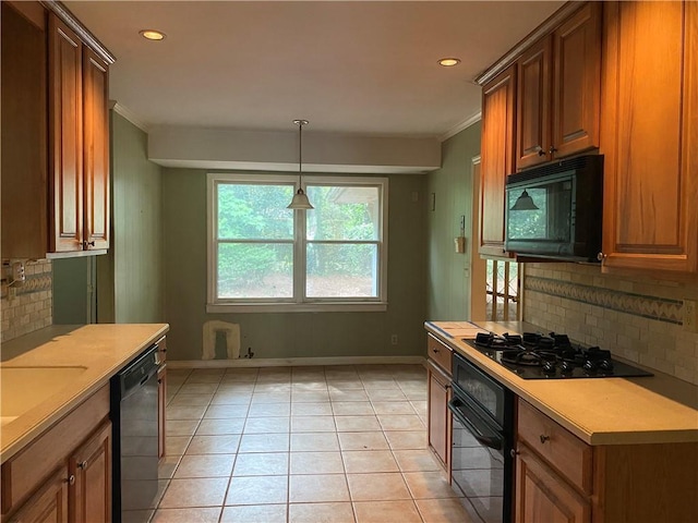 3794 W Hayward Ct, Tucker, GA 30084 - kitchen featuring black appliances, ornamental molding, tasteful backsplash, baseboards, and light countertops