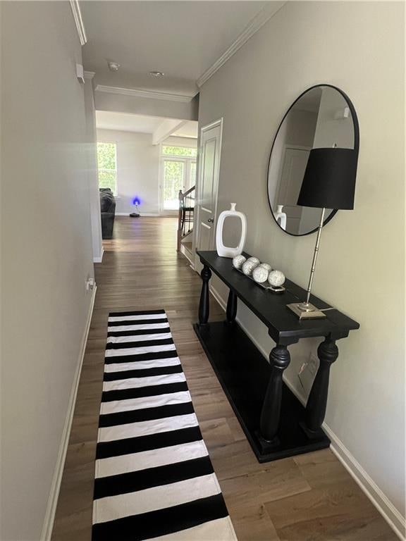 hallway with dark wood-type flooring and crown molding