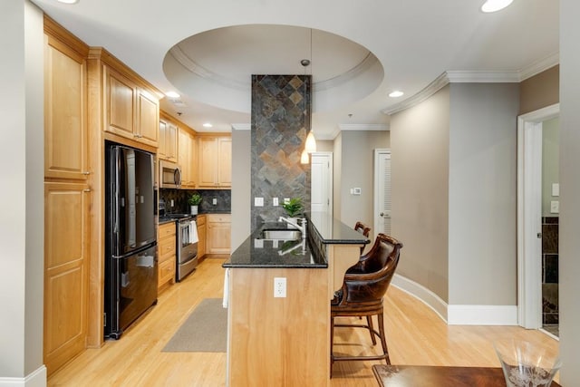 kitchen with light hardwood / wood-style floors, stainless steel appliances, a tray ceiling, and a breakfast bar area