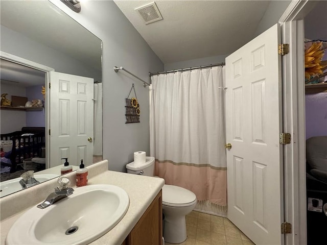 full bath featuring visible vents, toilet, connected bathroom, and vanity
