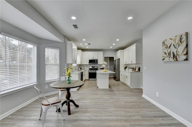 kitchen featuring sink, white cabinetry, a center island, appliances with stainless steel finishes, and backsplash