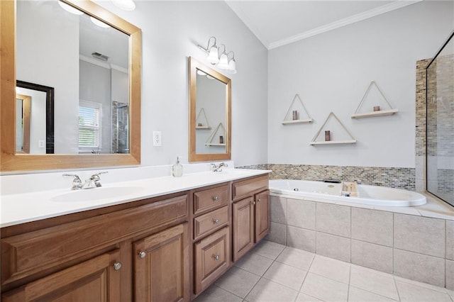 5710 Waters Edge Trl, Roswell, GA 30075 - full bath featuring crown molding, double vanity, a bath, tile patterned flooring, and a tile shower