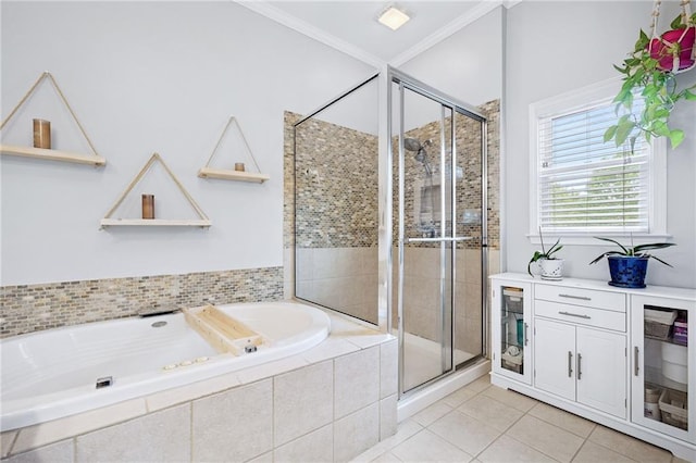 5710 Waters Edge Trl, Roswell, GA 30075 - full bathroom featuring a garden tub, a shower stall, tile patterned flooring, wine cooler, and crown molding