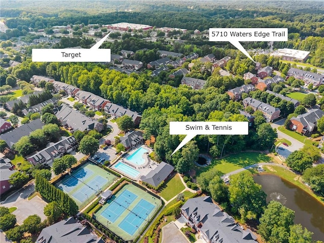 5710 Waters Edge Trl, Roswell, GA 30075 - aerial view of property's location featuring a nearby body of water and a pool area