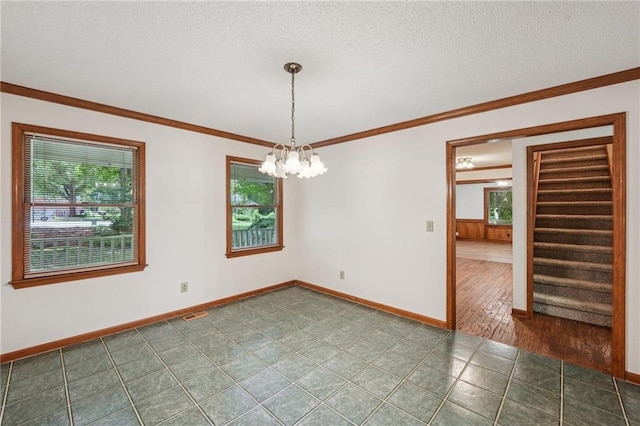 2110 Waterloo Cir, Lawrenceville, GA 30043 - unfurnished room featuring a chandelier, stairway, crown molding, a textured ceiling, and tile patterned flooring