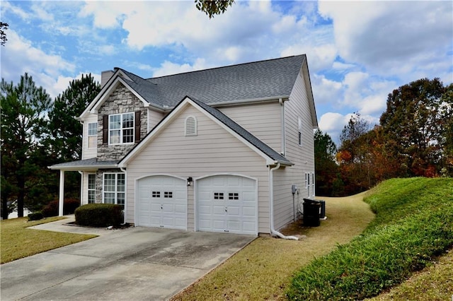 view of property exterior featuring a yard, driveway, and a chimney