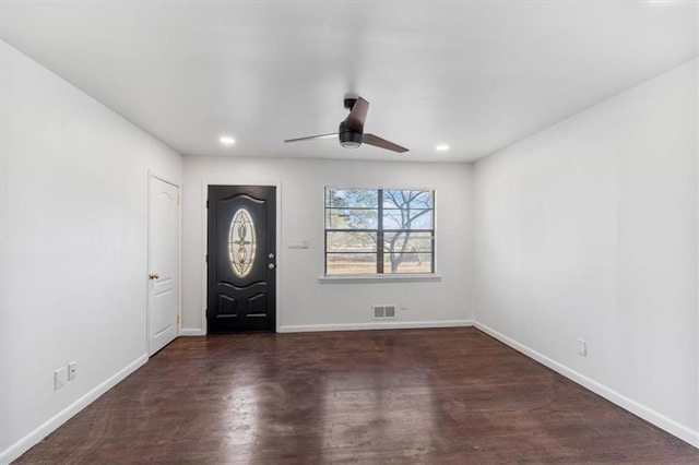 entryway featuring dark hardwood / wood-style floors and ceiling fan