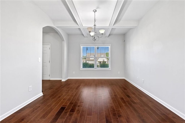 306 Springwater Way, Bremen, GA 30110 - spare room featuring a chandelier, dark wood-style flooring, arched walkways, and beam ceiling