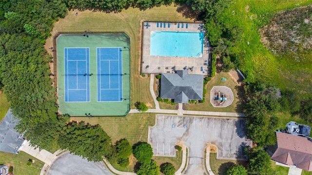 aerial overview of property's location featuring a pool area