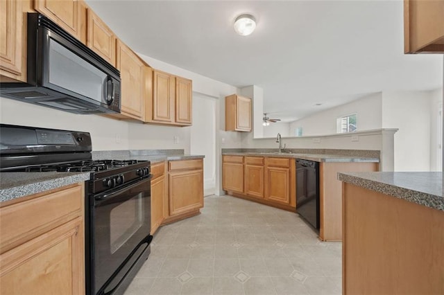 kitchen featuring black appliances, a peninsula, a ceiling fan, light tile patterned floors, and light brown cabinetry