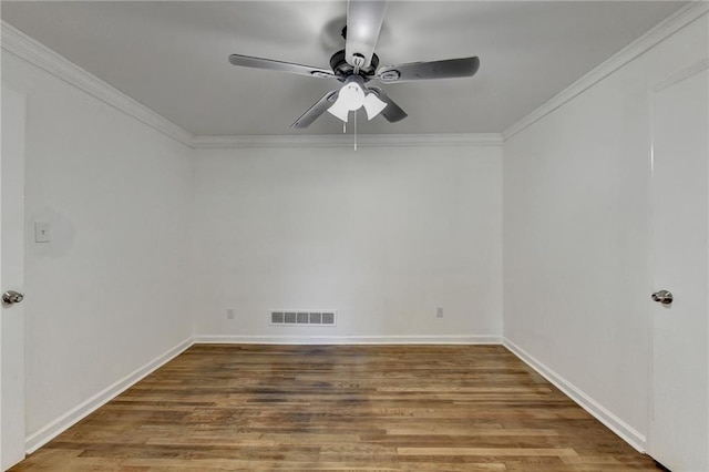 spare room with ceiling fan, hardwood / wood-style flooring, and ornamental molding