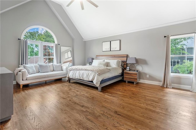 2510 Wood Creek Ct, Dacula, GA 30019 - bedroom featuring wood finished floors, ceiling fan, baseboards, ornamental molding, and high vaulted ceiling