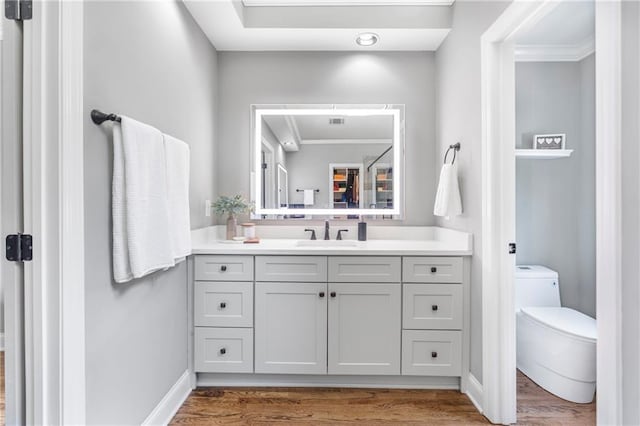2510 Wood Creek Ct, Dacula, GA 30019 - bathroom featuring wood finished floors, vanity, toilet, baseboards, and ornamental molding