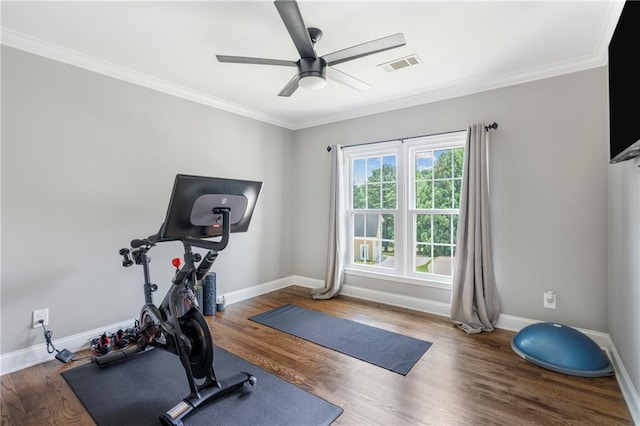 2510 Wood Creek Ct, Dacula, GA 30019 - workout area with ornamental molding, ceiling fan, wood finished floors, and baseboards