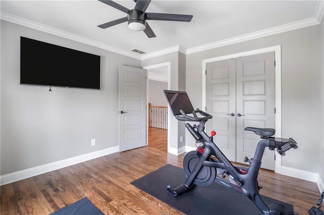 2510 Wood Creek Ct, Dacula, GA 30019 - exercise area with a ceiling fan, baseboards, ornamental molding, and wood finished floors