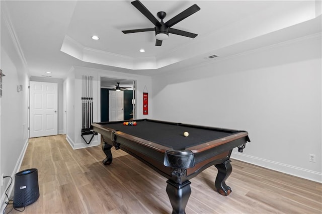 2510 Wood Creek Ct, Dacula, GA 30019 - rec room featuring a tray ceiling, ceiling fan, crown molding, wood finished floors, and recessed lighting