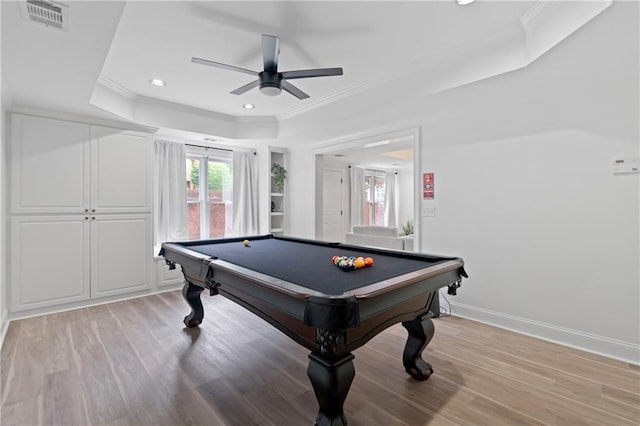 2510 Wood Creek Ct, Dacula, GA 30019 - game room with a raised ceiling, ornamental molding, a ceiling fan, light wood finished floors, and billiards