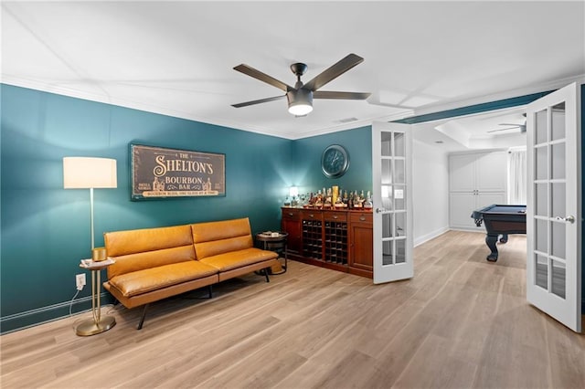 2510 Wood Creek Ct, Dacula, GA 30019 - sitting room featuring a ceiling fan, french doors, wood finished floors, baseboards, and billiards table