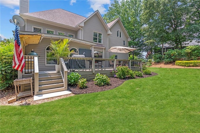 2510 Wood Creek Ct, Dacula, GA 30019 - rear view of house featuring a yard, a chimney, and a deck