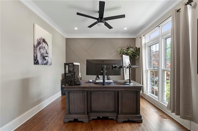 2510 Wood Creek Ct, Dacula, GA 30019 - office space featuring crown molding, a ceiling fan, wood finished floors, baseboards, and recessed lighting
