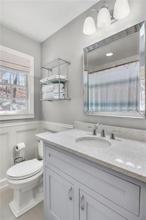 bathroom featuring vanity, a shower with shower curtain, and toilet