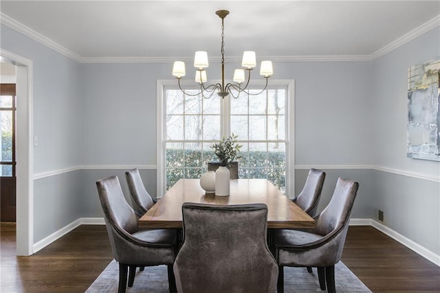 dining area with a notable chandelier, a wealth of natural light, and dark wood-type flooring