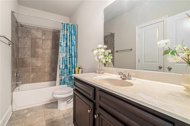 full bathroom featuring toilet, shower / bath combo, and vanity