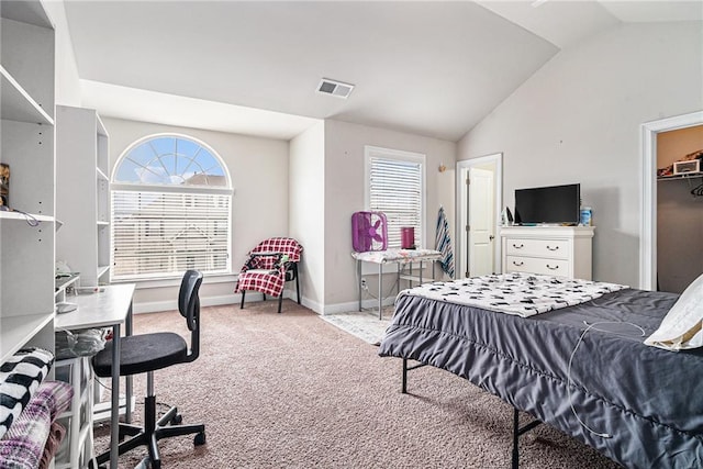 bedroom with a spacious closet, light colored carpet, multiple windows, and vaulted ceiling