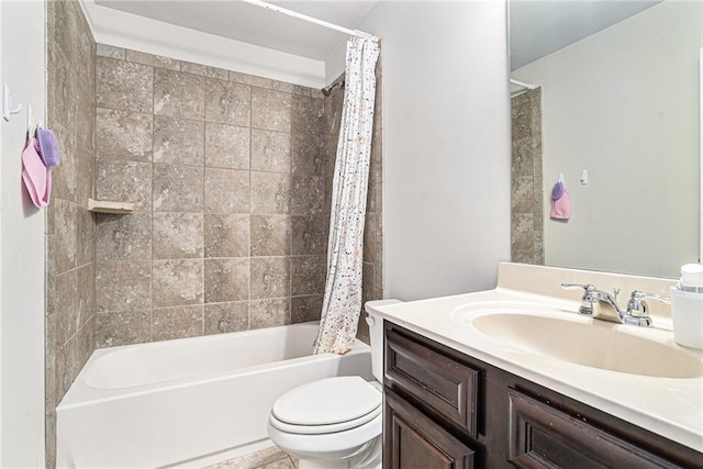 full bathroom featuring toilet, vanity, and shower / tub combo with curtain