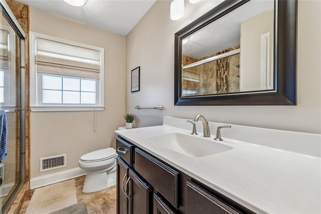 full bathroom with visible vents, baseboards, toilet, a stall shower, and vanity