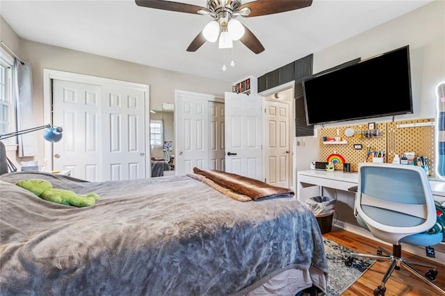 bedroom featuring wood finished floors, multiple closets, and ceiling fan