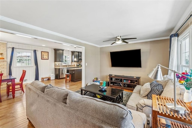 living room with light wood-style floors, ceiling fan, and crown molding
