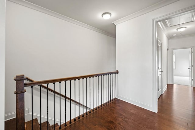 hallway featuring attic access, crown molding, and wood finished floors