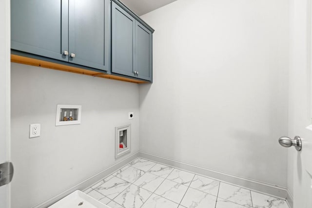 laundry room featuring cabinet space, baseboards, marble finish floor, hookup for an electric dryer, and washer hookup