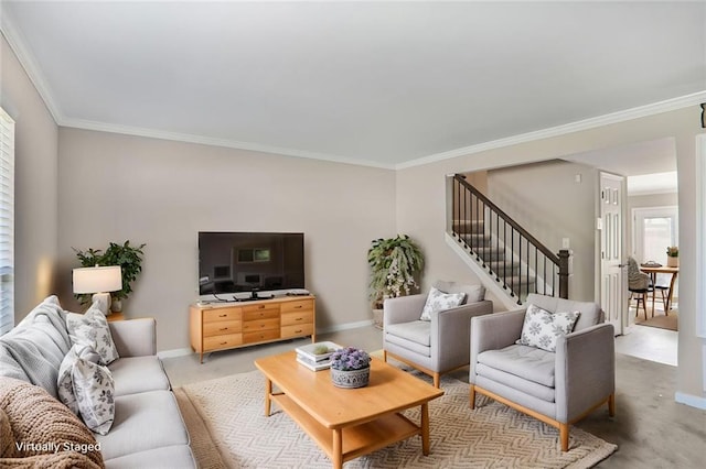 3210 Quincetree Ln, Decatur, GA 30034 - living area with crown molding, stairs, baseboards, and carpet