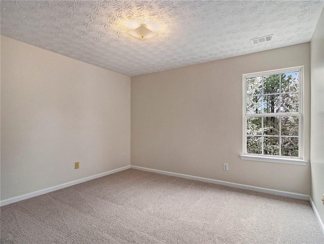 unfurnished room with carpet and a textured ceiling