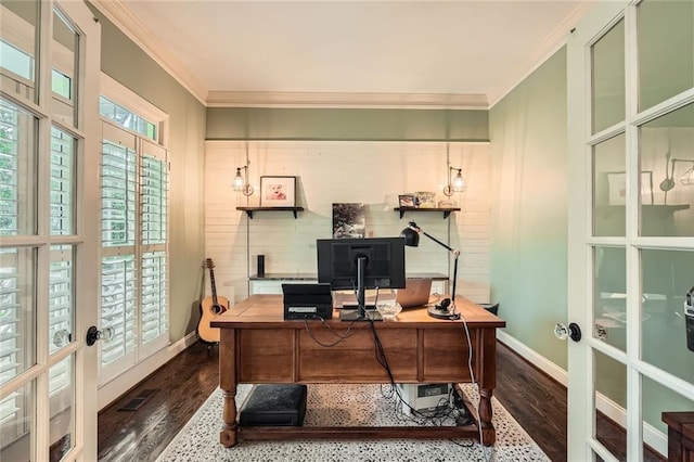162 Taylor Ridge Way, Milton, GA 30004 - office area featuring french doors, ornamental molding, and dark wood finished floors