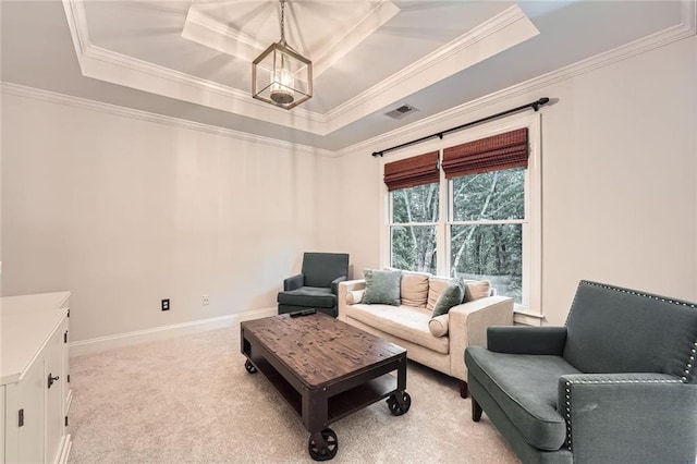 162 Taylor Ridge Way, Milton, GA 30004 - living area featuring a tray ceiling, light carpet, and ornamental molding