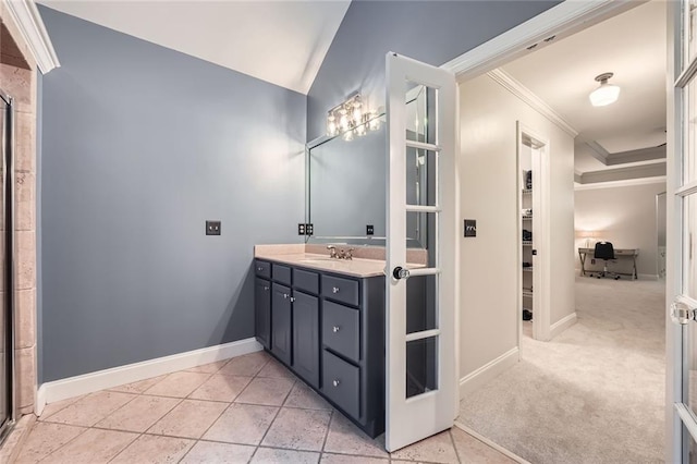 162 Taylor Ridge Way, Milton, GA 30004 - full bath featuring ornamental molding, vanity, a shower stall, and tile patterned flooring