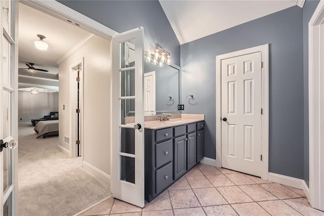 162 Taylor Ridge Way, Milton, GA 30004 - ensuite bathroom featuring vanity, crown molding, a ceiling fan, and lofted ceiling