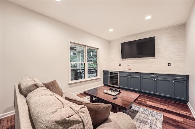 162 Taylor Ridge Way, Milton, GA 30004 - living room featuring wine cooler, dark wood-style flooring, recessed lighting, and bar