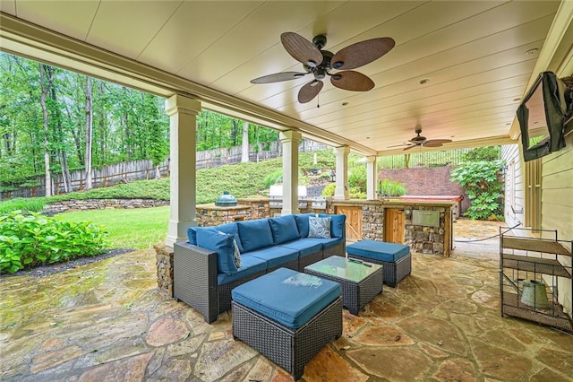 162 Taylor Ridge Way, Milton, GA 30004 - fenced backyard with outdoor lounge area, a ceiling fan, a patio area, and a grill