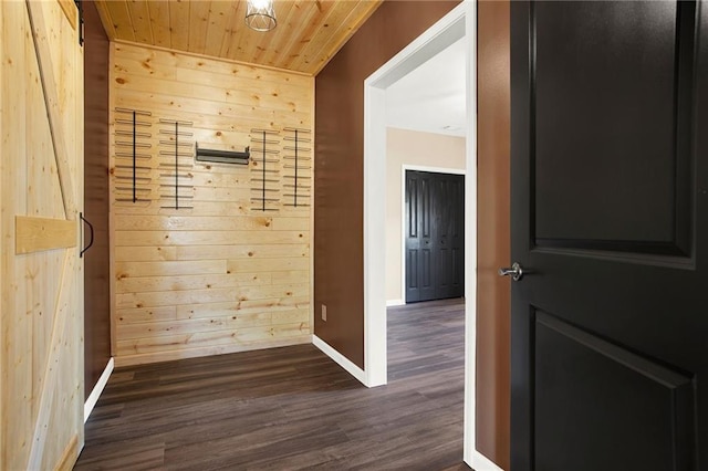 hallway with wood ceiling, wooden walls, and dark wood-type flooring