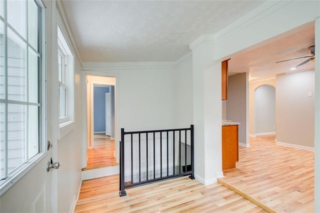 spare room with crown molding, light hardwood / wood-style floors, ceiling fan, and a textured ceiling