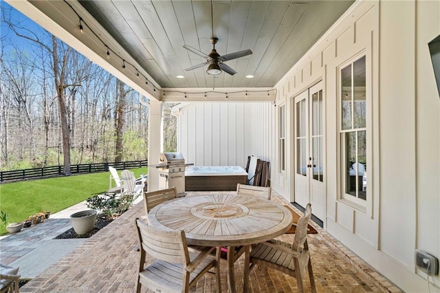 124 Long Shadows Dr, Alpharetta, GA 30004 - view of patio featuring outdoor dining space, french doors, ceiling fan, a hot tub, and a grill