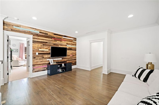124 Long Shadows Dr, Alpharetta, GA 30004 - unfurnished living room with wooden walls, wood finished floors, ornamental molding, and recessed lighting